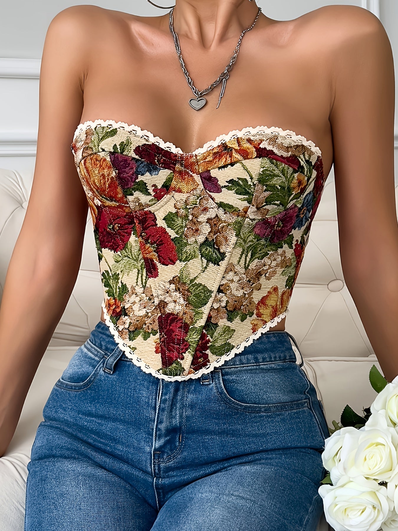 Women'S Floral Print Strapless Top, Vintage Lace Tie-Back Bustier with Fishbone Support, Polyester 95% Elastane 5%, All-Season, Color Block, Woven Fabric, 220gsm/110gsm